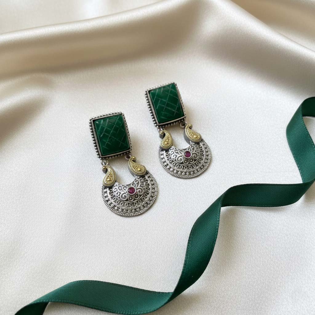 Green Color Oxidised Earrings Created With Dual-Tone Textures To Elevate Cultural Celebration Outfits