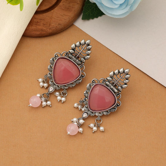 Pink Color Oxidised Earrings Stylish Ethnic Antique Jewelry For Daily Wear