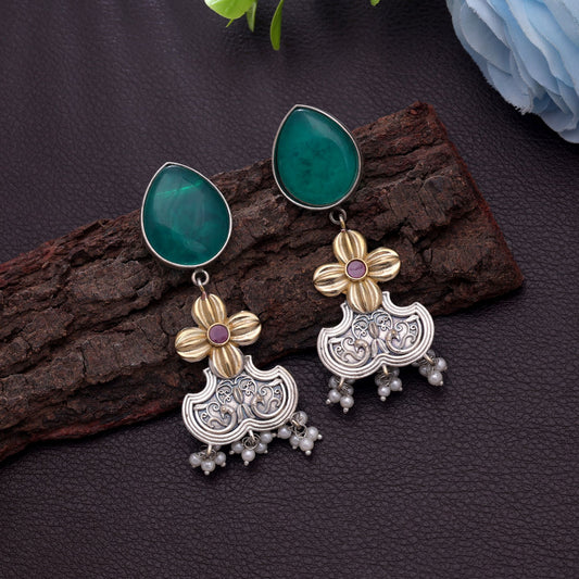 Green Color Dual Tone Oxidised Earrings With Beautiful Craftsmanship Design