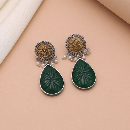 Green Color Dual Tone Oxidised Earrings For Festive Traditional Outfits