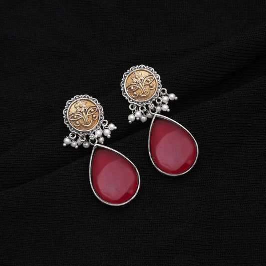 Maroon Color Dual Tone Oxidised Earrings With Traditional Beauty Appeal
