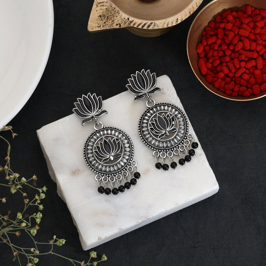 Black Color Lotus design Oxidised German Silver Statement Earrings