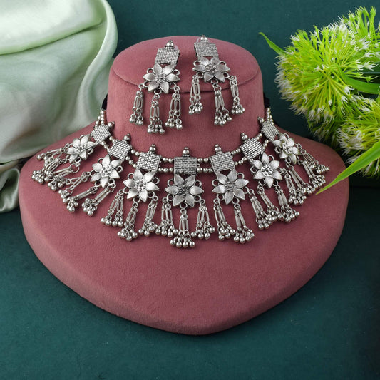 Elegant Silver Color Oxidised Necklace Set With Traditional Boho Detailing