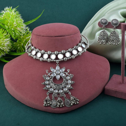 Bold Silver Color Hasli Oxidised Necklace Set With Tribal Jewelry Influence