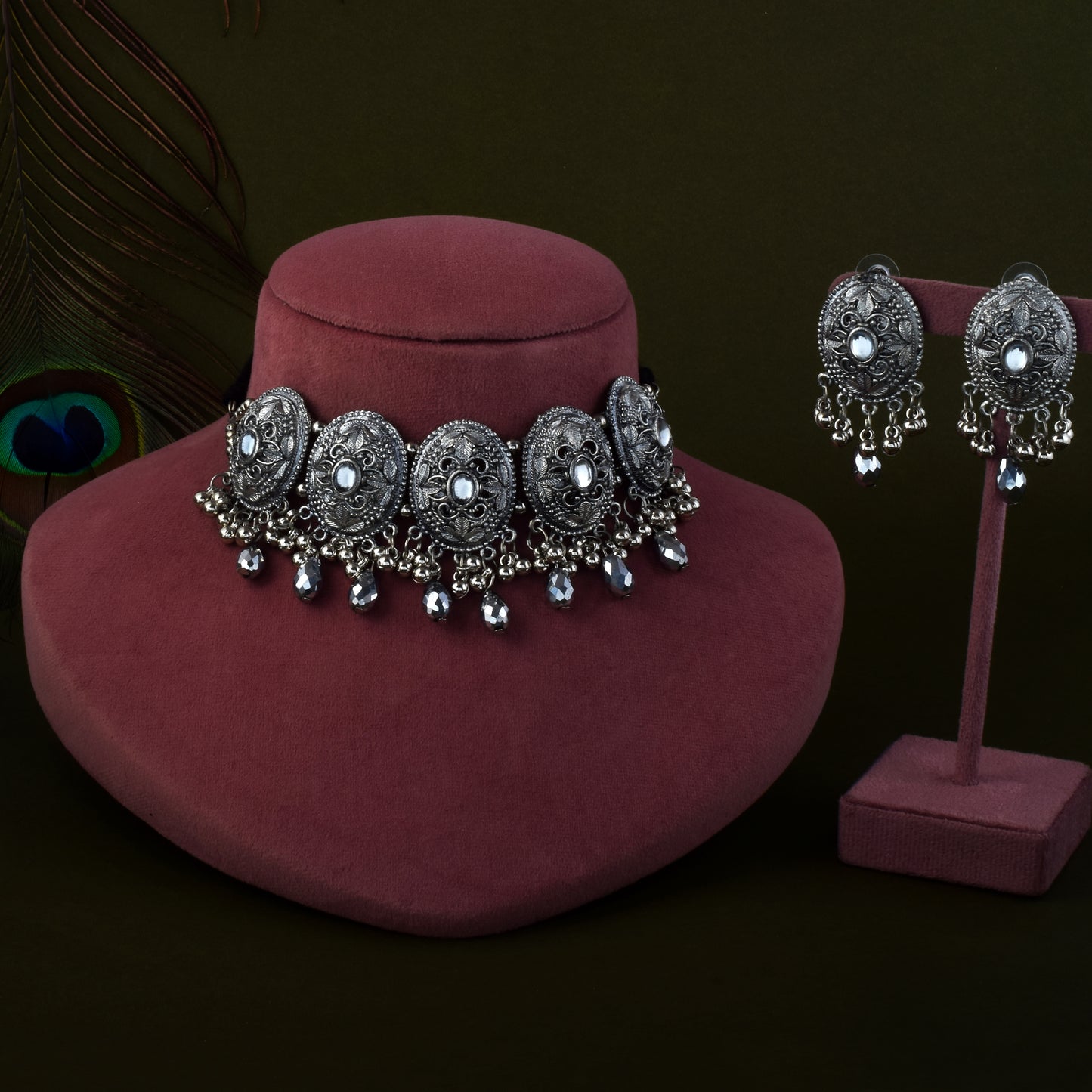 Antique Silver Color Oxidised Necklace Set With Floral And Tribal Motifs