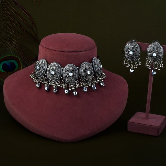 Antique Silver Color Oxidised Necklace Set With Floral And Tribal Motifs