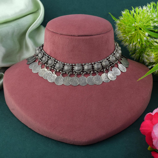 Minimalist Silver Color Oxidised Necklace Set For Daily Ethnic Accessorizing