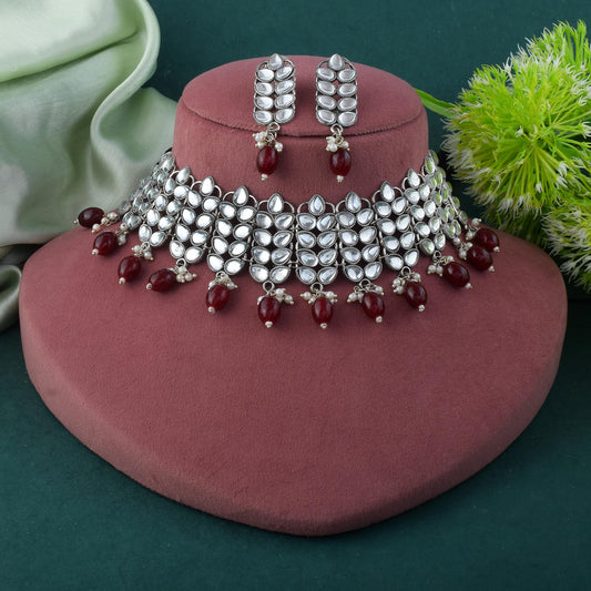 Artistic Maroon Color Oxidised Necklace Set With Handcrafted Meena Accents