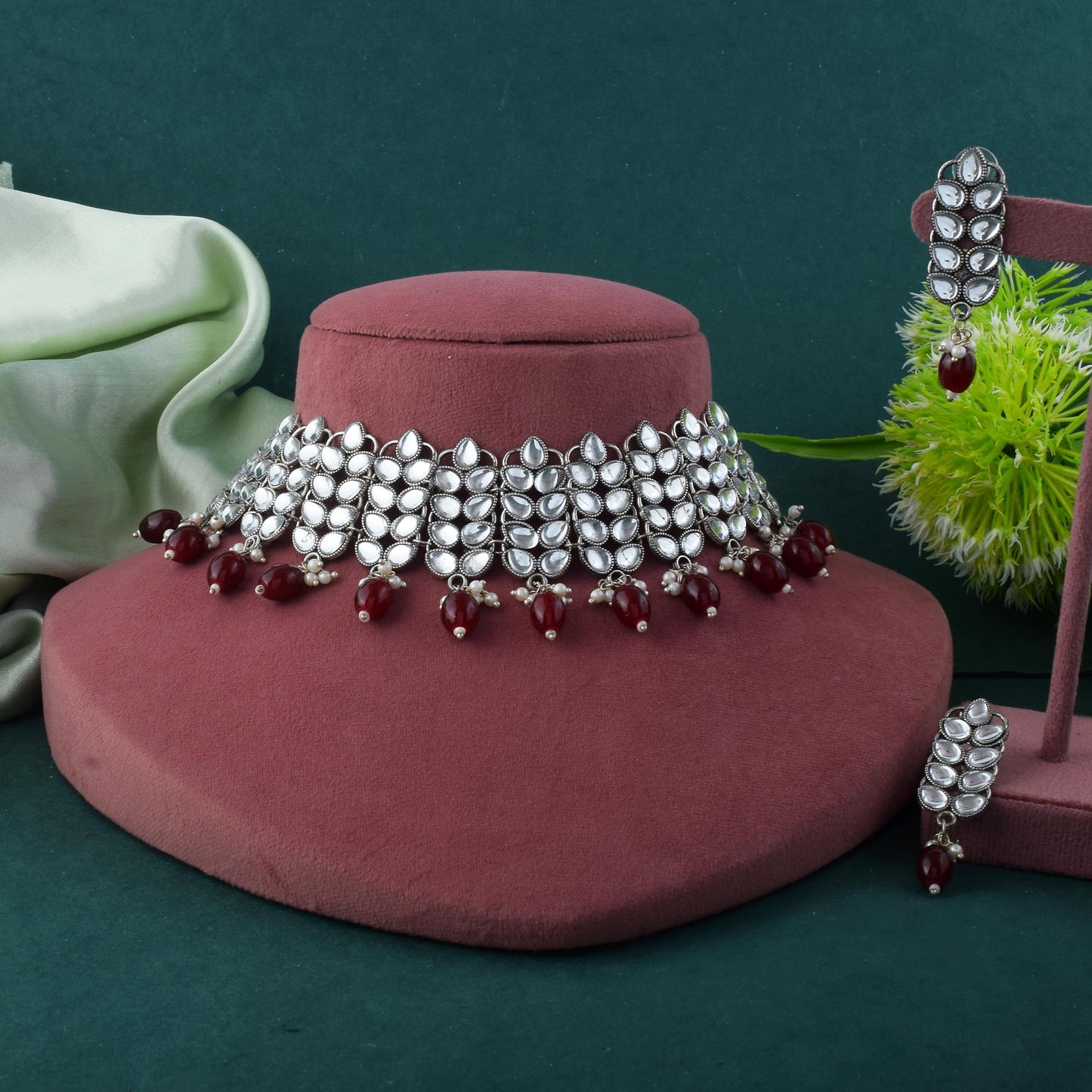 Artistic Maroon Color Oxidised Necklace Set With Handcrafted Meena Accents
