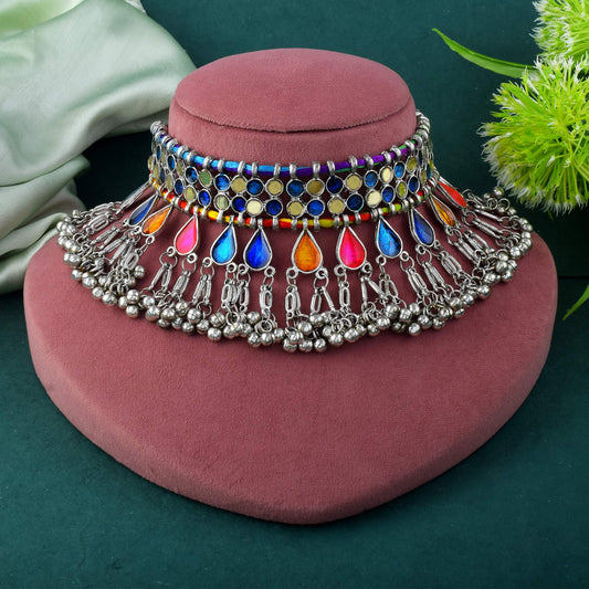 Hand-Painted Multi Color Meena Work Oxidised Necklace Set With Bright Hues