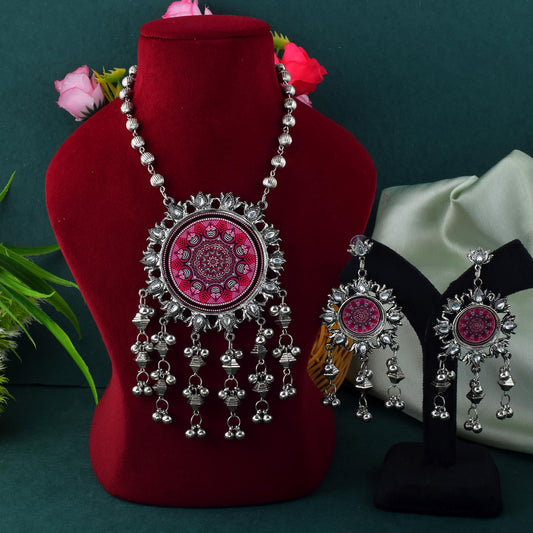 Royal Rani Color Meena Work Oxidised Necklace Set With Traditional Motifs
