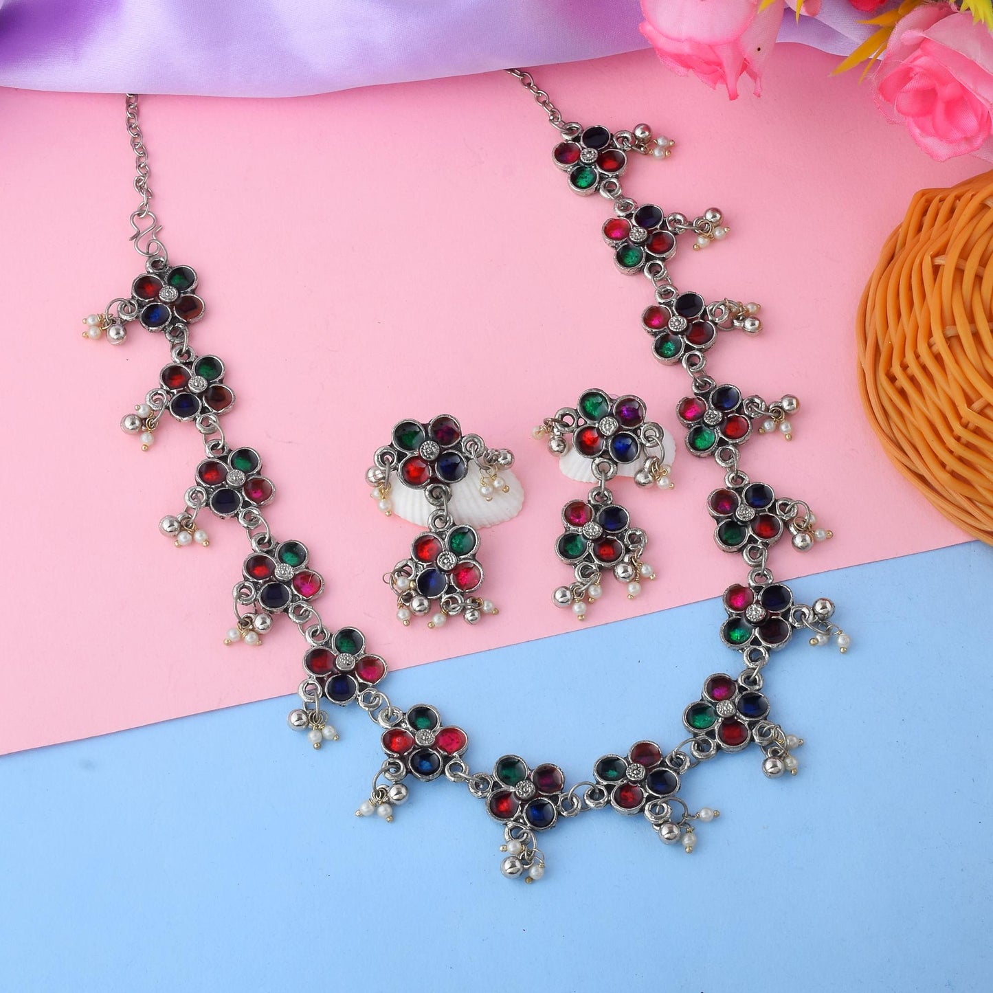 Stylish Multi Color Meena Work Oxidised Necklace Set For Festive Attire