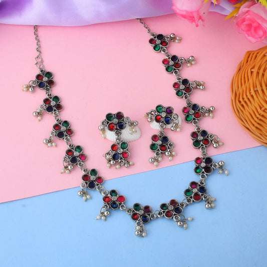 Stylish Multi Color Meena Work Oxidised Necklace Set For Festive Attire