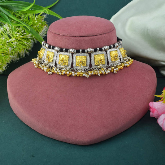 Vintage Gold & Silver Color Oxidised Necklace Set For Regal Ethnic Styling