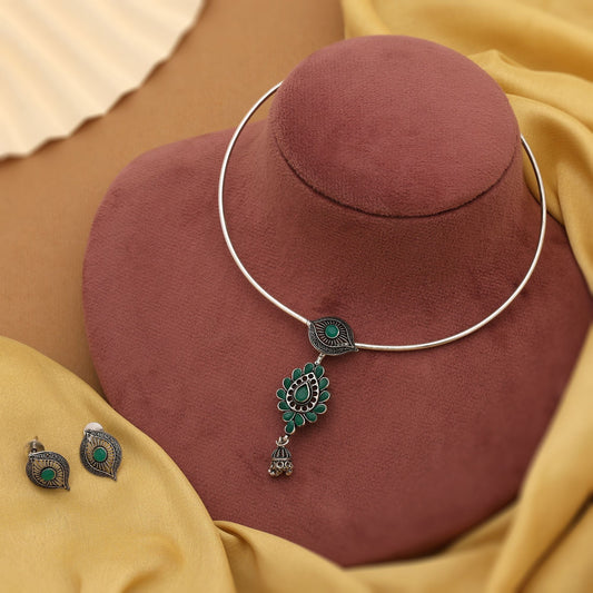 Exclusive Green Color Hasli Oxidised Necklace Set Crafted With Premium Handmade Artistic Jewelry Work