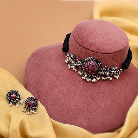 Gorgeous Rani Color Oxidised Necklace Set Designed For Traditional Outfits, Parties, And Wedding Occasions