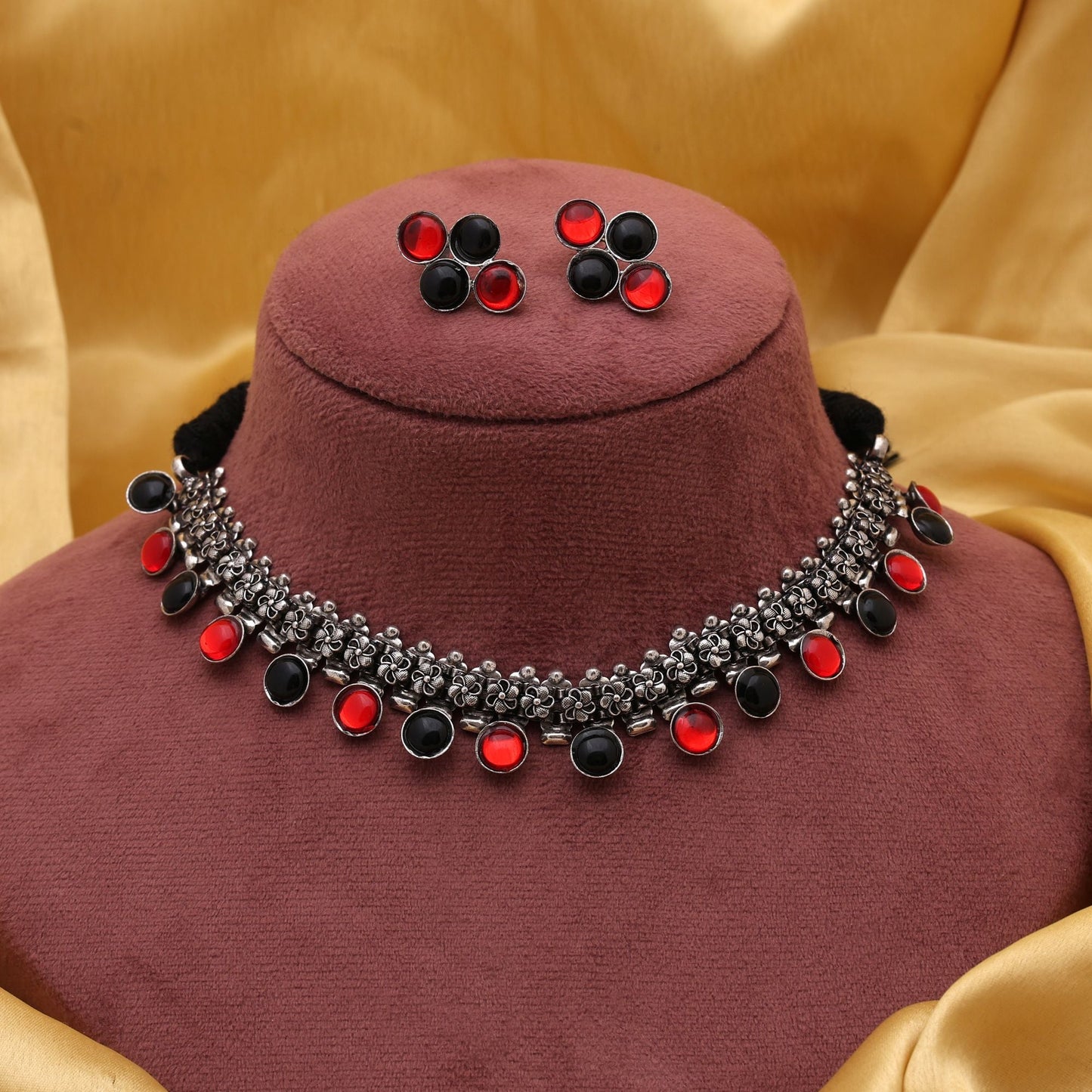 Stylish Red And Black Color Oxidised Necklace Set Perfect For Brides, Parties, And Celebrations