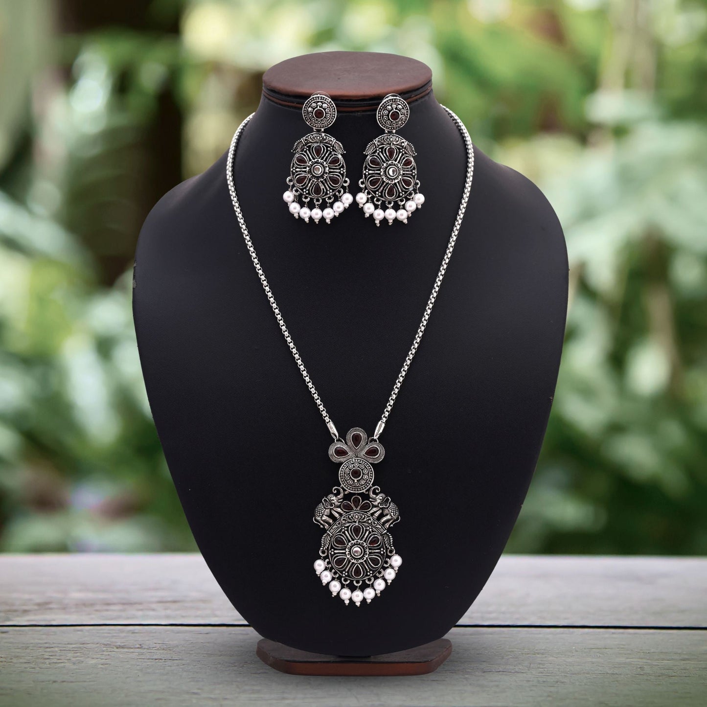 Traditional Rani Color Oxidised Necklace Set With Antique Silver Finish