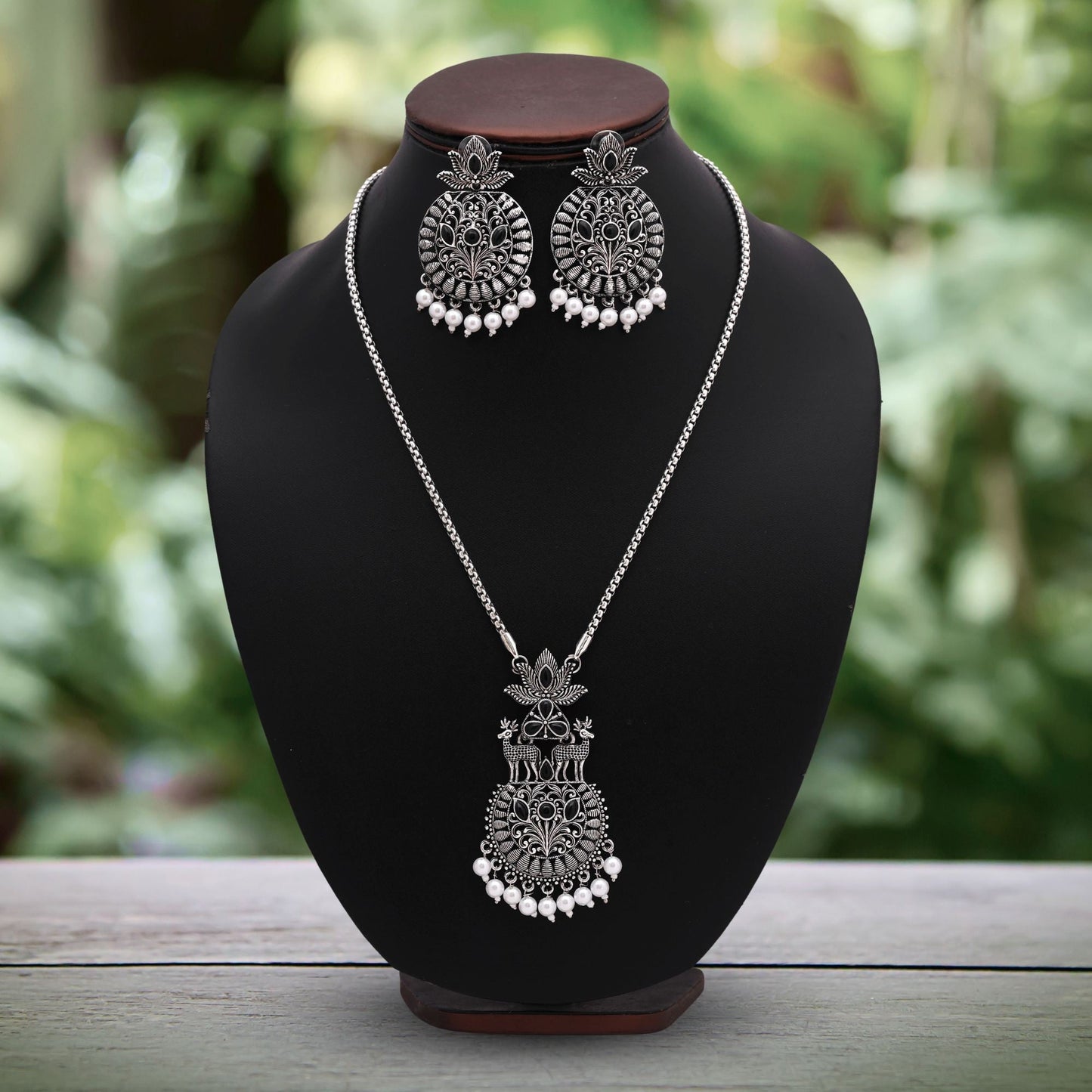 Stylish Black Color Oxidised Necklace Set With Mirror And Bead Work