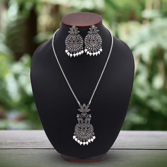 Elegant Maroon Color Oxidised Necklace Set For Wedding And Cultural Events