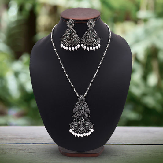 Gorgeous Green Color Oxidised Necklace Set With Antique Silver Plating