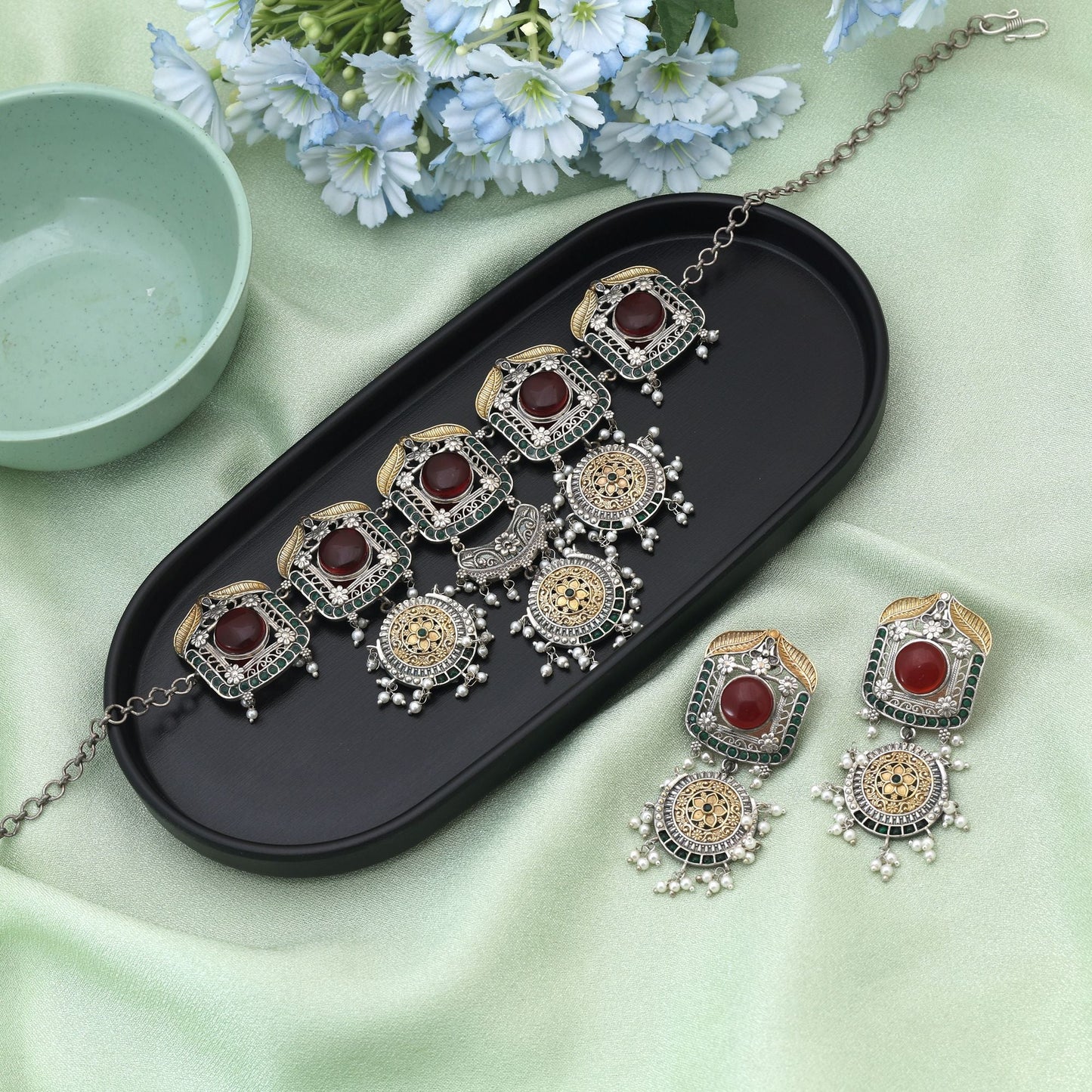 Red Color Choker Dual Tone Oxidised Necklace Set Showcasing Bold Hues And Refined Oxidised Work