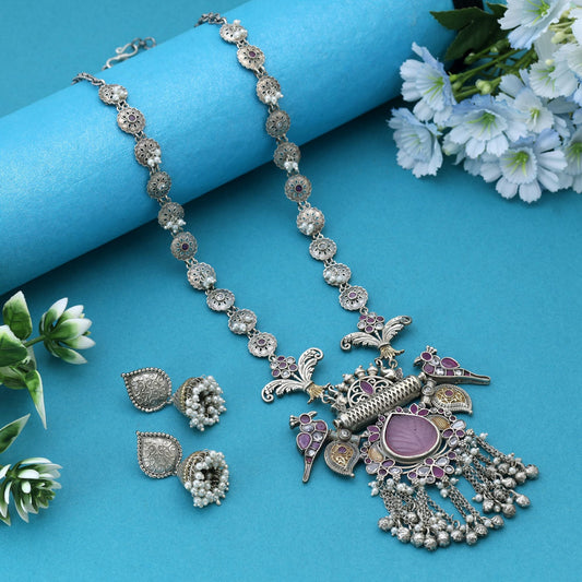 Halsketten-Set in Hellrosa und Rani-Farben, zweifarbig, oxidiert, das sanfte Töne mit exquisitem oxidiertem Styling verbindet