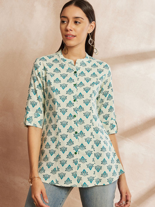 White & Blue Color Ethnic Motifs Printed Mandarin Collar Tunic Top