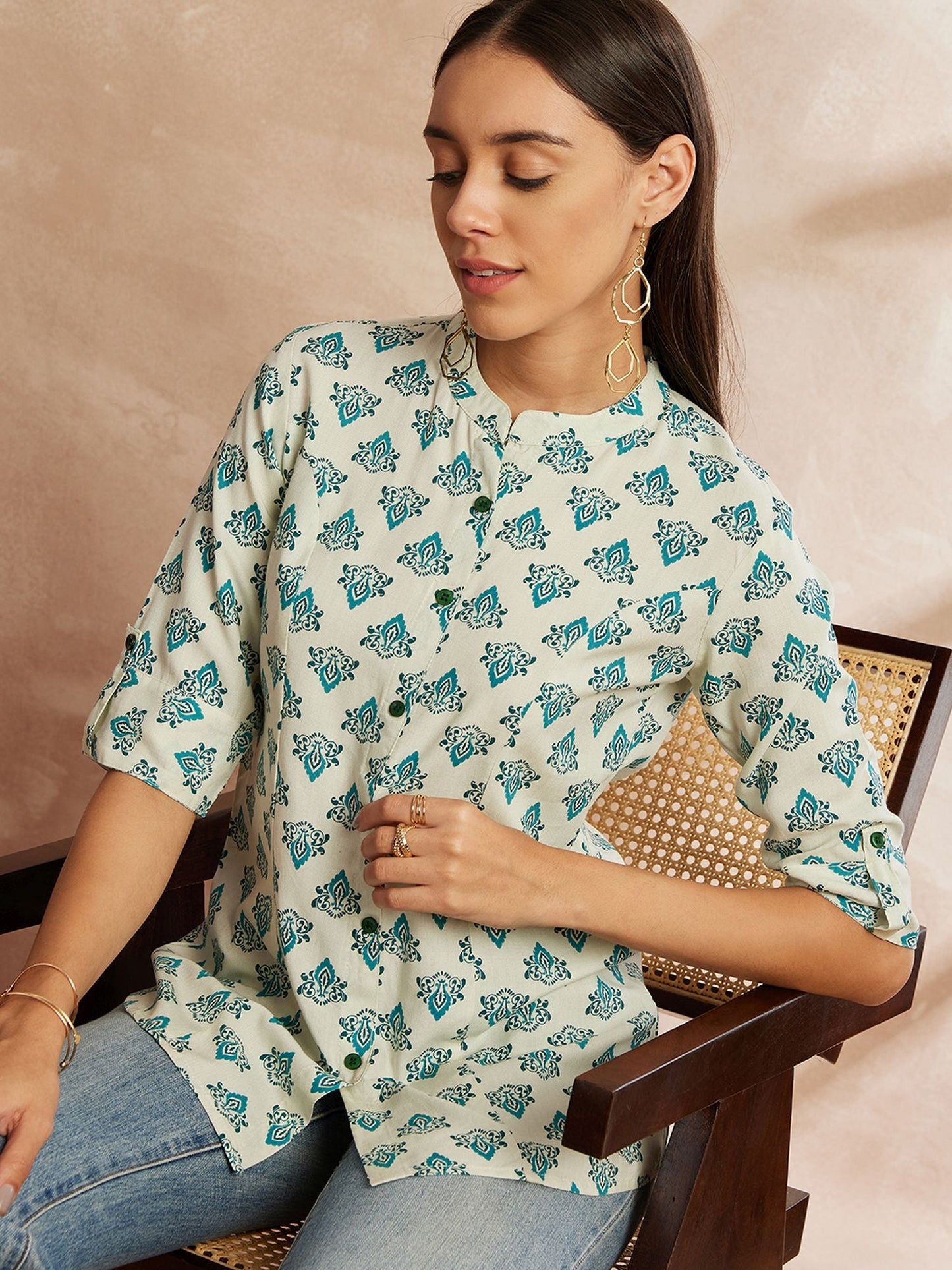 White & Blue Color Ethnic Motifs Printed Mandarin Collar Tunic Top