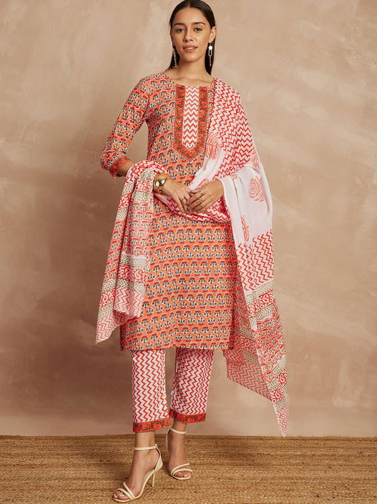 Orange Color Ethnic Motifs Printed Pure Cotton Straight Kurta & Trousers With Dupatta