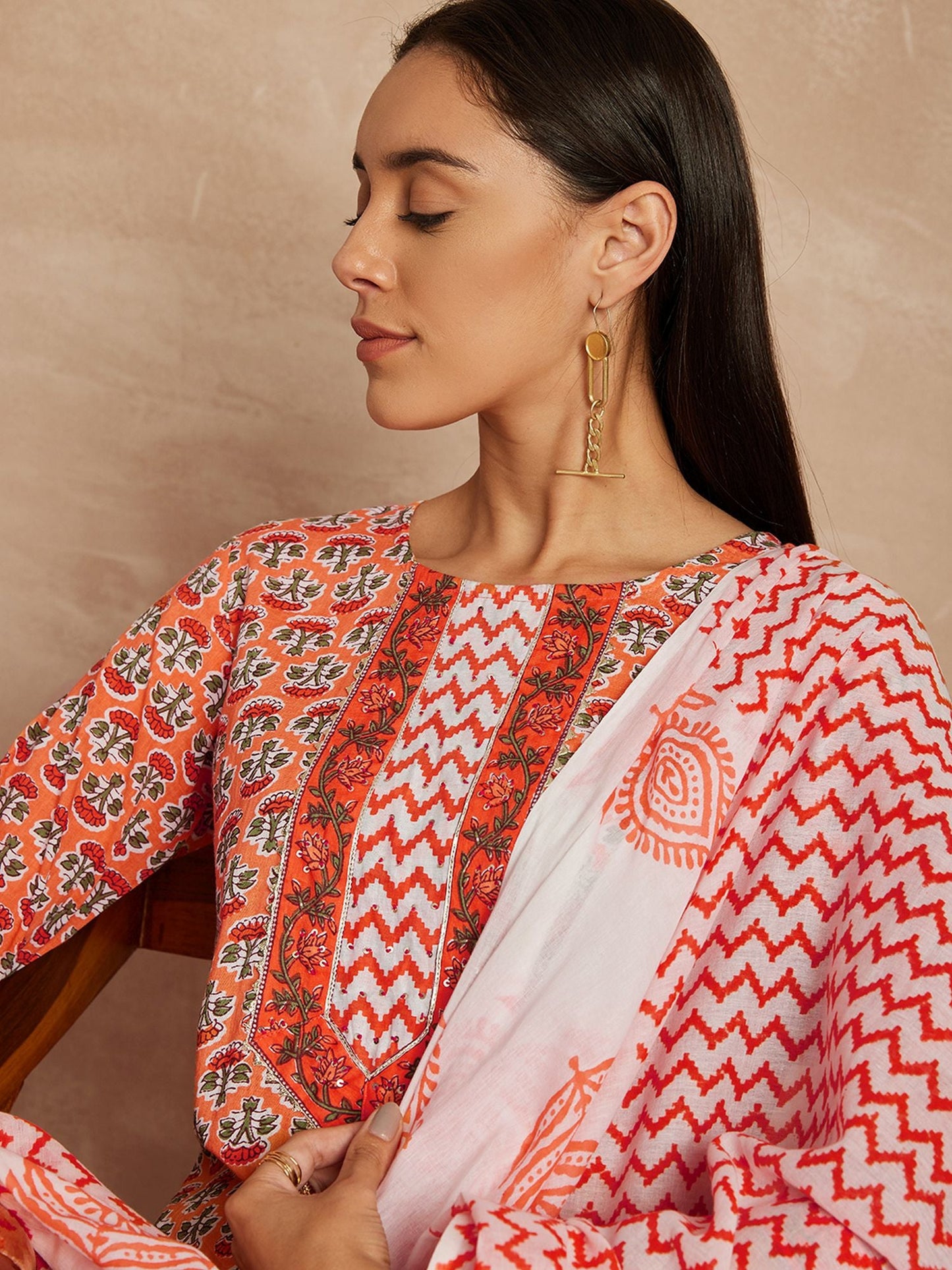Orange Color Ethnic Motifs Printed Pure Cotton Straight Kurta & Trousers With Dupatta