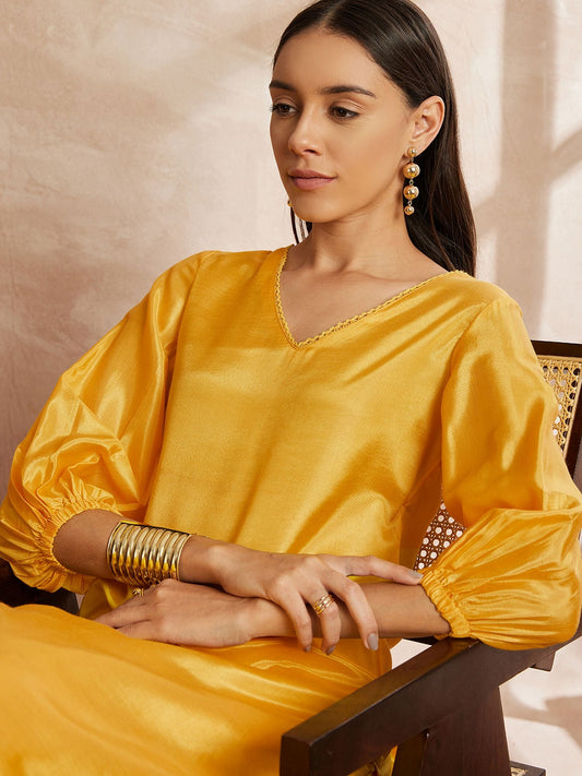 Yellow Color V-Neck Three-Quarter Sleeves Puffed Sleeves A-Line Kurta with Trousers