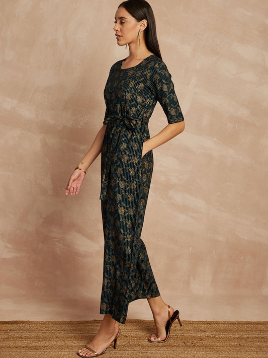 Black & Blue Color Floral Printed Waist Tie-Ups Basic Jumpsuit