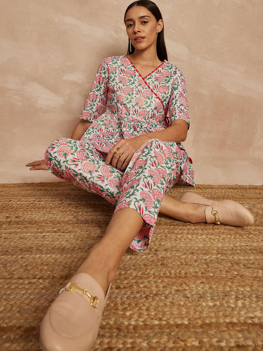 Multi Color Floral Printed Angrakha Pure Cotton Kurti with Trousers