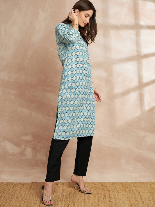 Sky Blue Ethnic Motifs Printed Straight Pure Cotton Kurta