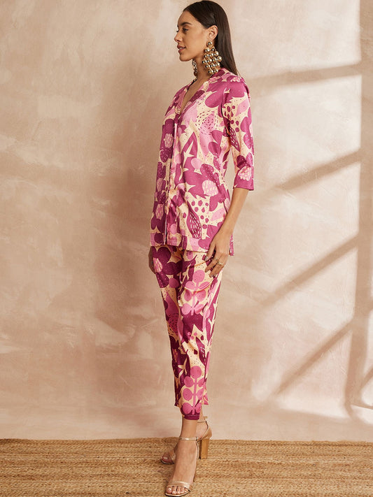 Rani Color Floral Printed Lapel Collar Shirt & Trousers