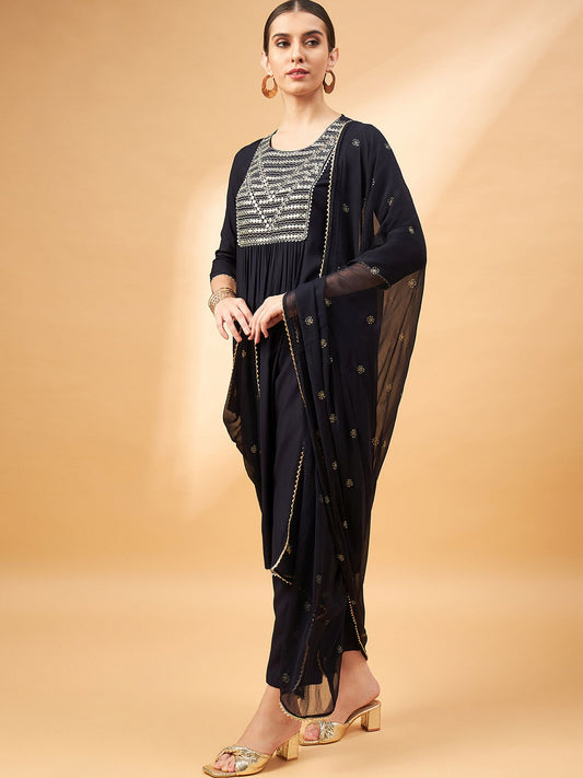 Black Color Embroidered Mirror Work Pleated Round Neck Kurta with Trouser & Dupatta