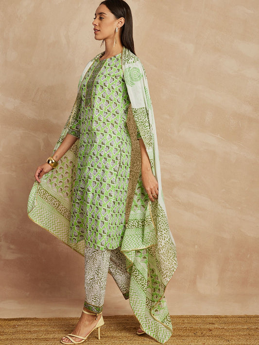 Pista Green Color Ethnic Motifs Printed Pure Cotton Straight Kurta & Trousers With Dupatta