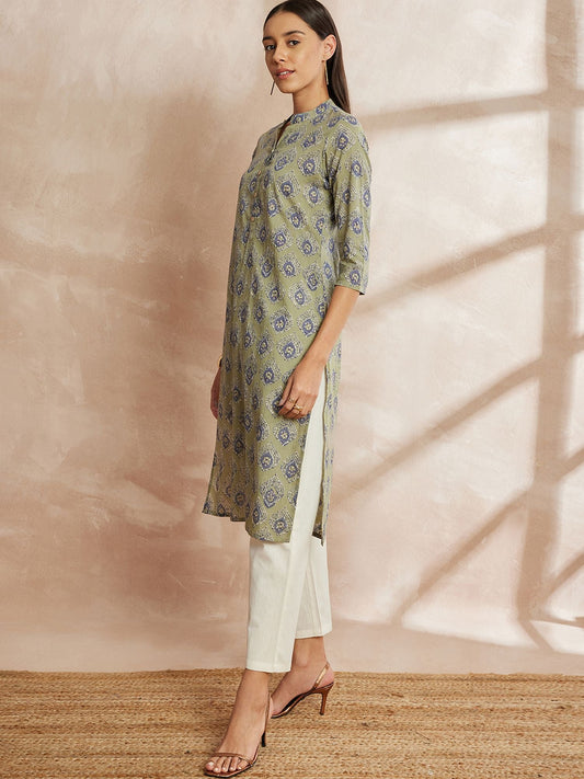 Mehandi Green Color Ethnic Motifs Printed Mandarin Collar Pure Cotton Kurta