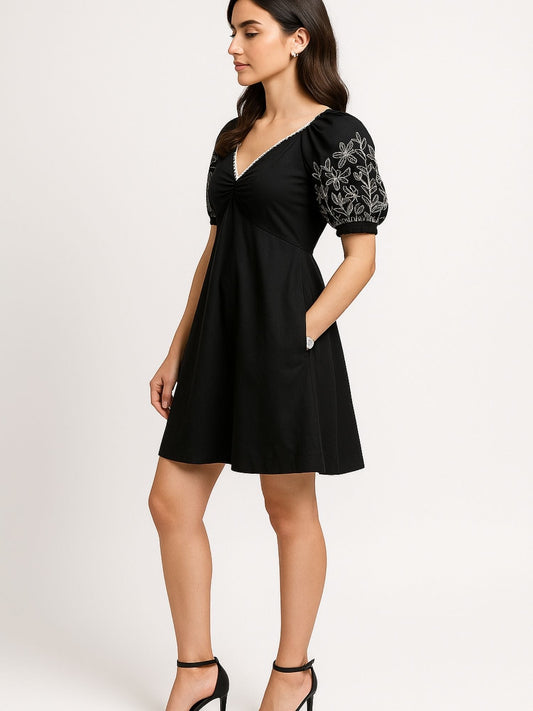 Black Color Embroidered Floral Motifs Cotton Dress