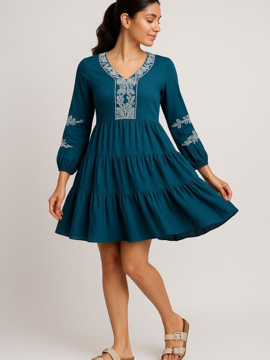 Teal Blue Color Embroidery On Neckline And Sleeves Tiered Skirt Design Dress