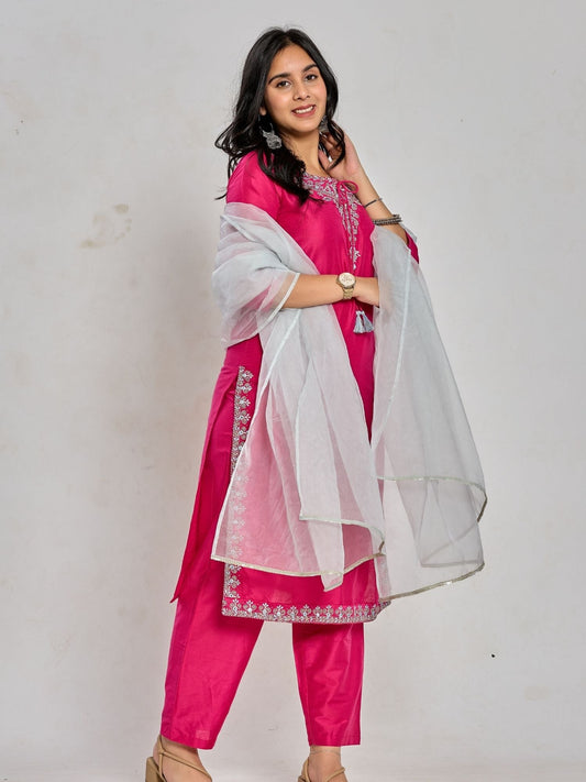 Pink Color Mirror Work With Zari And Sequin Work Kurta With Pant And Duptta