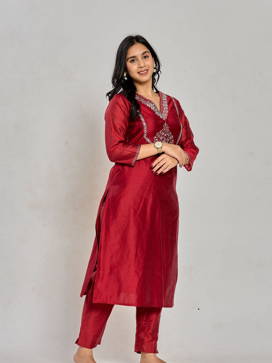 Maroon Color Mirror Embroidery Kurta With Pant