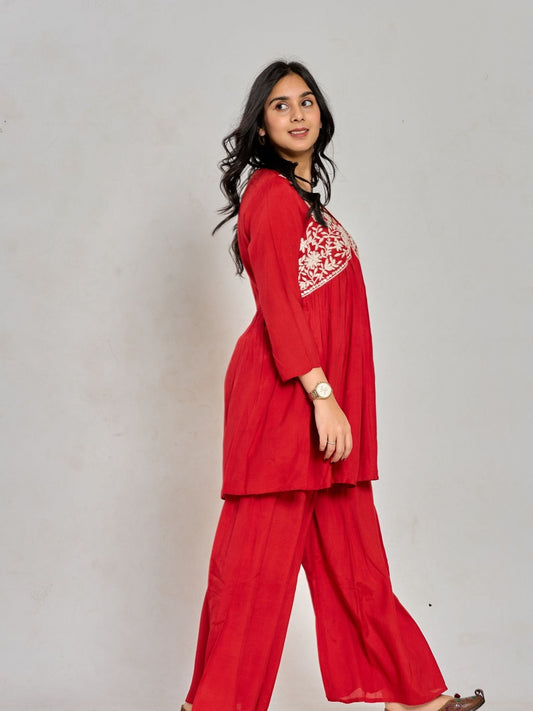 Red Color Mirror Work With Thread Embroidery Palazzo Set