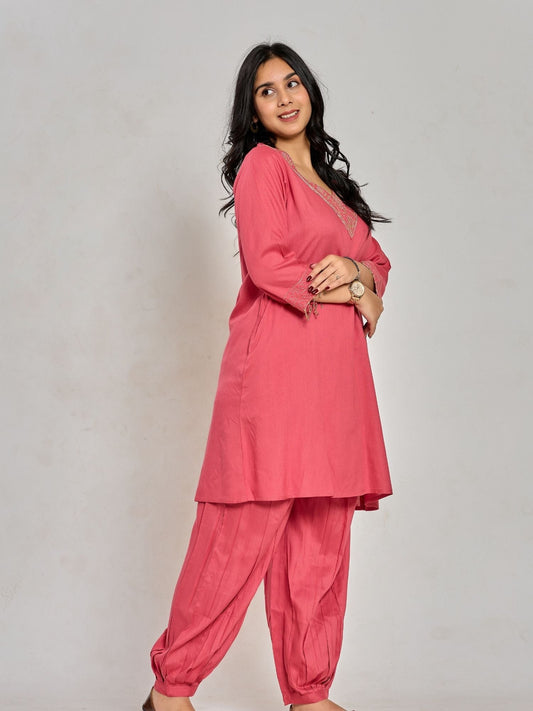 Coral Pink Color Zari And Sequin Work Kurta With Pant
