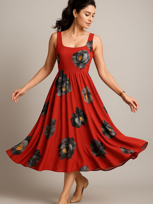 Rust Color Floral Print (Black & Grey Flowers With Yellow Accents) Dress