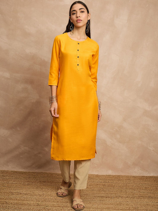 Mustard Yellow Round Neck Three-Quarter Sleeves Straight Kurta