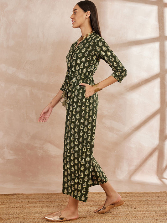 Shirt Collar Ethnic Motifs Printed Cotton Basic Jumpsuit