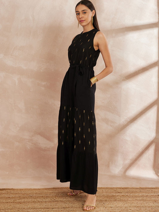 Black And Gold-Toned Printed Basic Jumpsuit