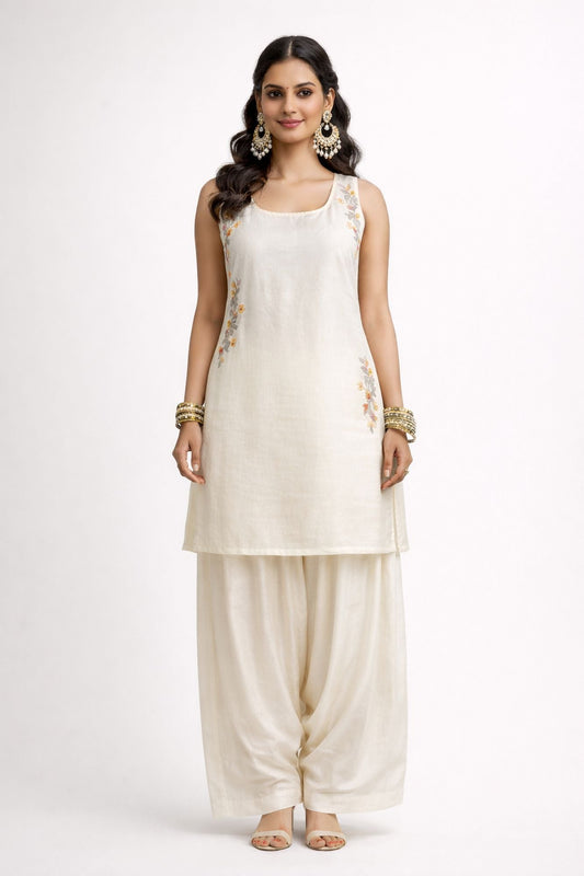 Thread & Sequin Work With Cutdana White Color Kurta Set